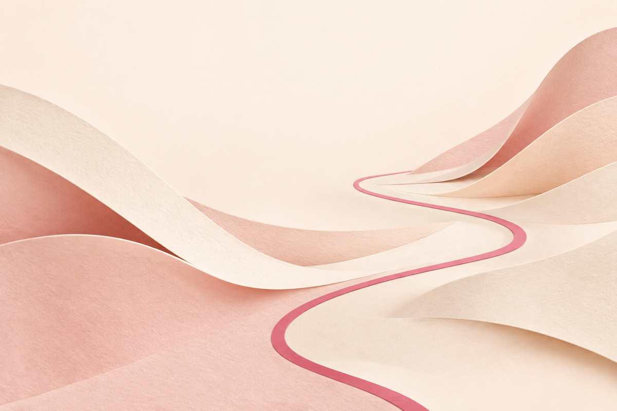 Alternative About Us header with sculptural blush and ivory paper layers